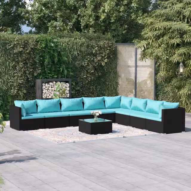Set da giardino moderno vidaXL composto da 9 pezzi con divani a forma di U, tavolino da caffè e cuscini colorati nero, blu e turchese con struttura in metallo e rivestimento in rattan – 1