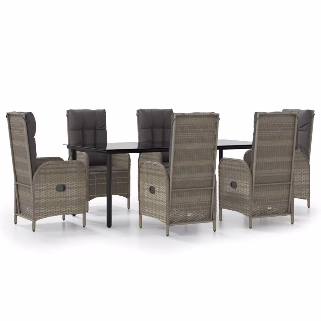 Set da Pranzo Giardino 7pz Nero e Grigio con Cuscini Polyrattan