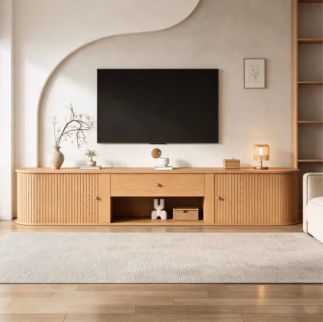 Mobile porta TV 180 cm per TV fino a 75 pollici; 2 ante a rullo; 1 cassetto; vano aperto; effetto legno naturale