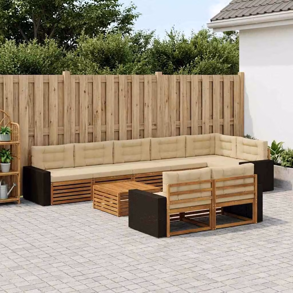Set di divani da esterno vidaXL a forma di U in legno di acacia marrone con cuscini beige, 9 pezzi