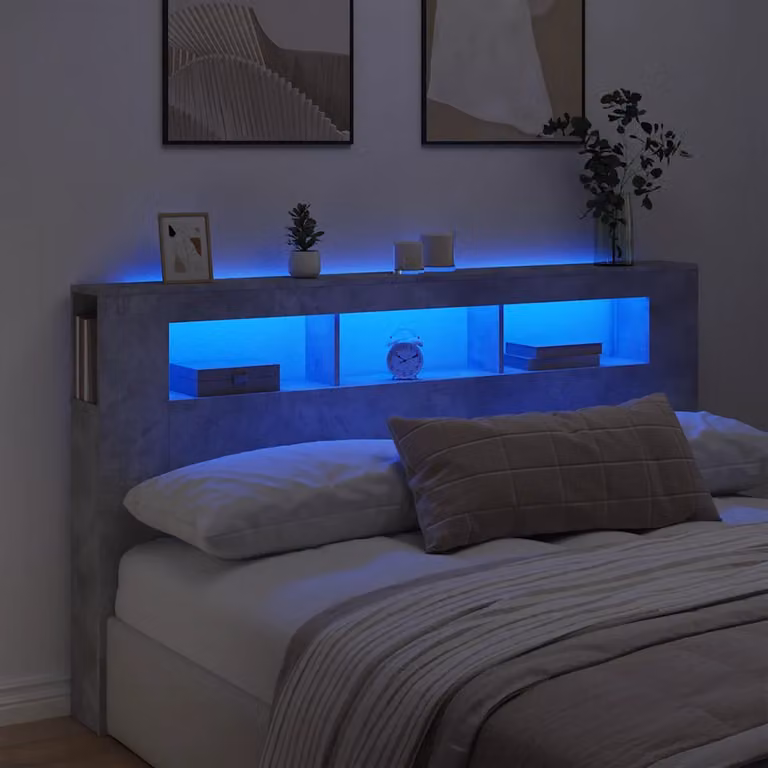 Testiera con LED e porta USB vidaXL in legno multistrato, Grigio Cemento, L 180 x P 18,5 x H 103,5 cm
