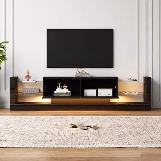 Mobile TV Minimal con LED nero lucido, vetro e legno, L: 181 cm, P: 38 cm, H: 35 cm – 1