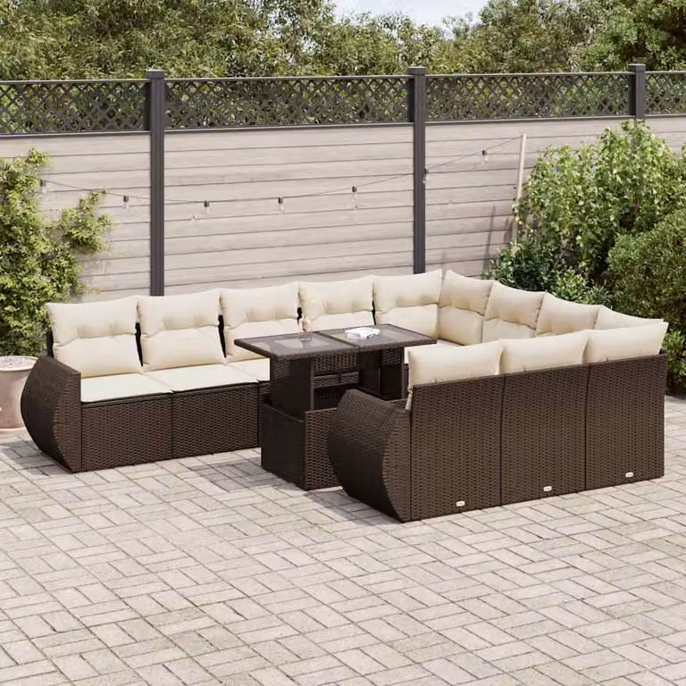 Set Divani da Giardino vidaXL 11 pz in Polyrattan Marrone con Cuscini Bianchi e Tavolino da Esterno a Forma di L
