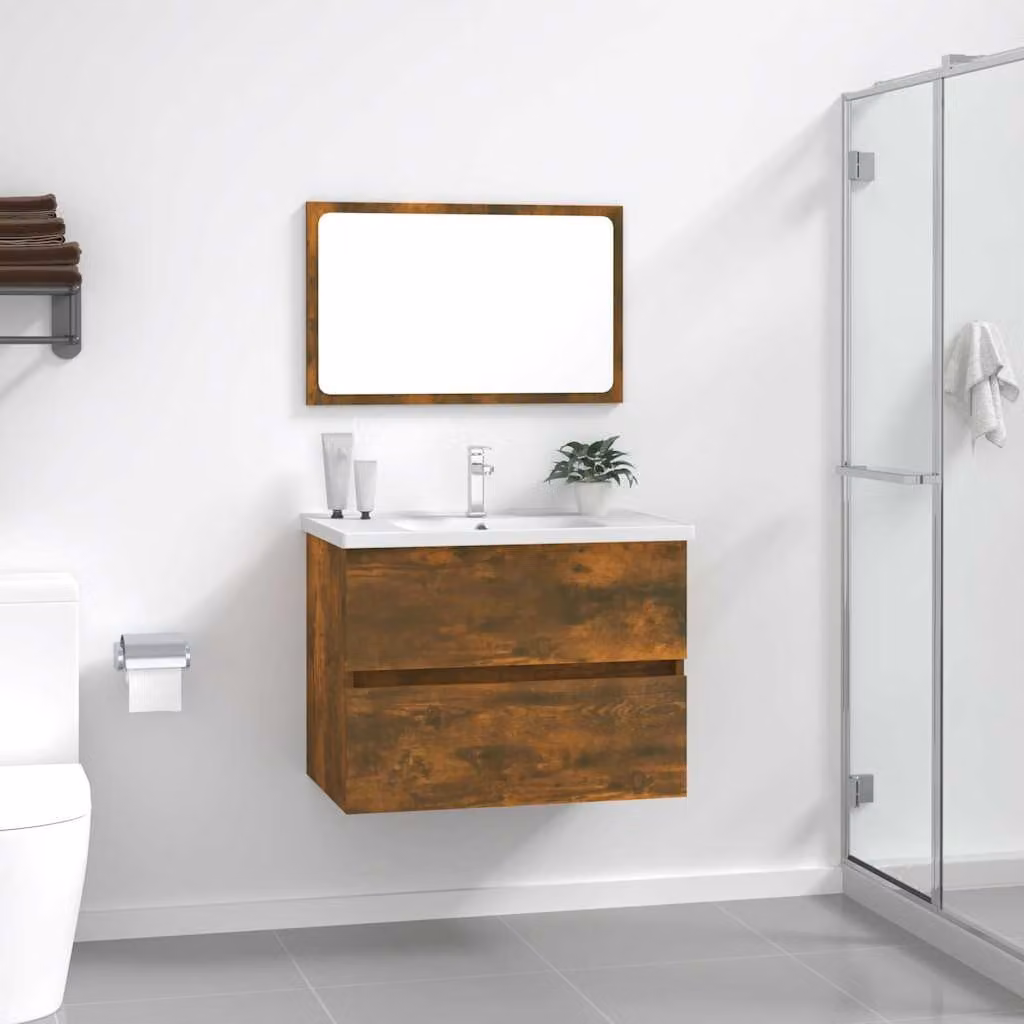 Set di mobili da bagno moderno vidaXL composto da mobile lavabo e armadietto con specchio in legno e vetro, colore marrone, L/P/H: 60,0 x 38,5 x 45,0 cm
