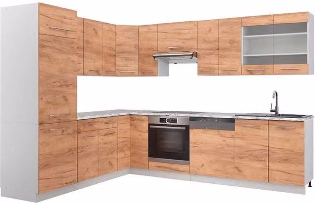 Cucina angolare completa Fame-Line Rovere dorato/Bianco 287 x 227 cm, PL Marmo Vicco