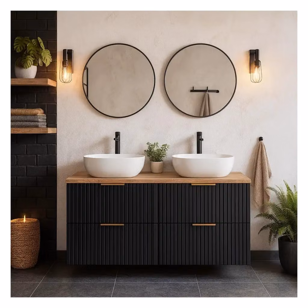 Set mobile sottolavabo NOXERA Meublorama con piano e 2 lavabi, Nero opaco e Rovere, L: 120 cm, P: 57 cm, H: 46 cm – 2