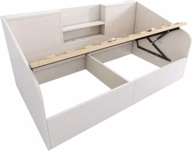 Letto Giorno Idraulico 90x190 cm Bianco con Mensole, Ampio Spazio di Archiviazione e Stazione di Ricarica USB/Type-C, Rete Inclusa, Letto Singolo Salvaspazio Senza Materasso