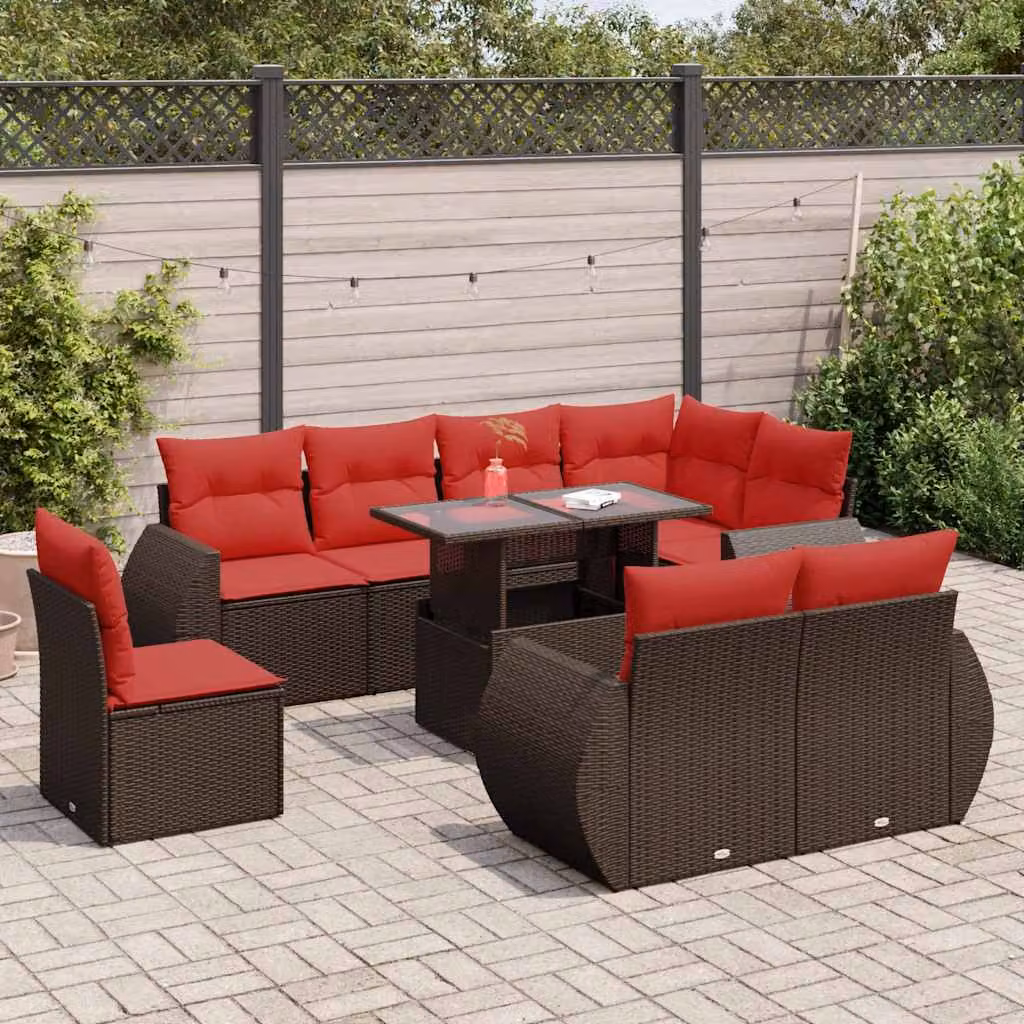 Set Divani da Giardino vidaXL 9 Pezzi in Polyrattan Marrone con Cuscini e Tavolino da Esterno