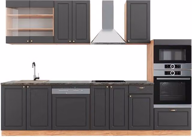 Cucina componibile Vicco Fame-Line Antracite e Rovere dorato con armadio alto L: 300 cm