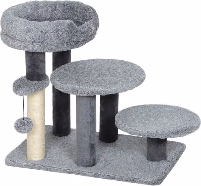 Tiragraffi e scala per gatti PawHut con base ampia, palo in sisal sostituibile e tessuto in peluche, grigio