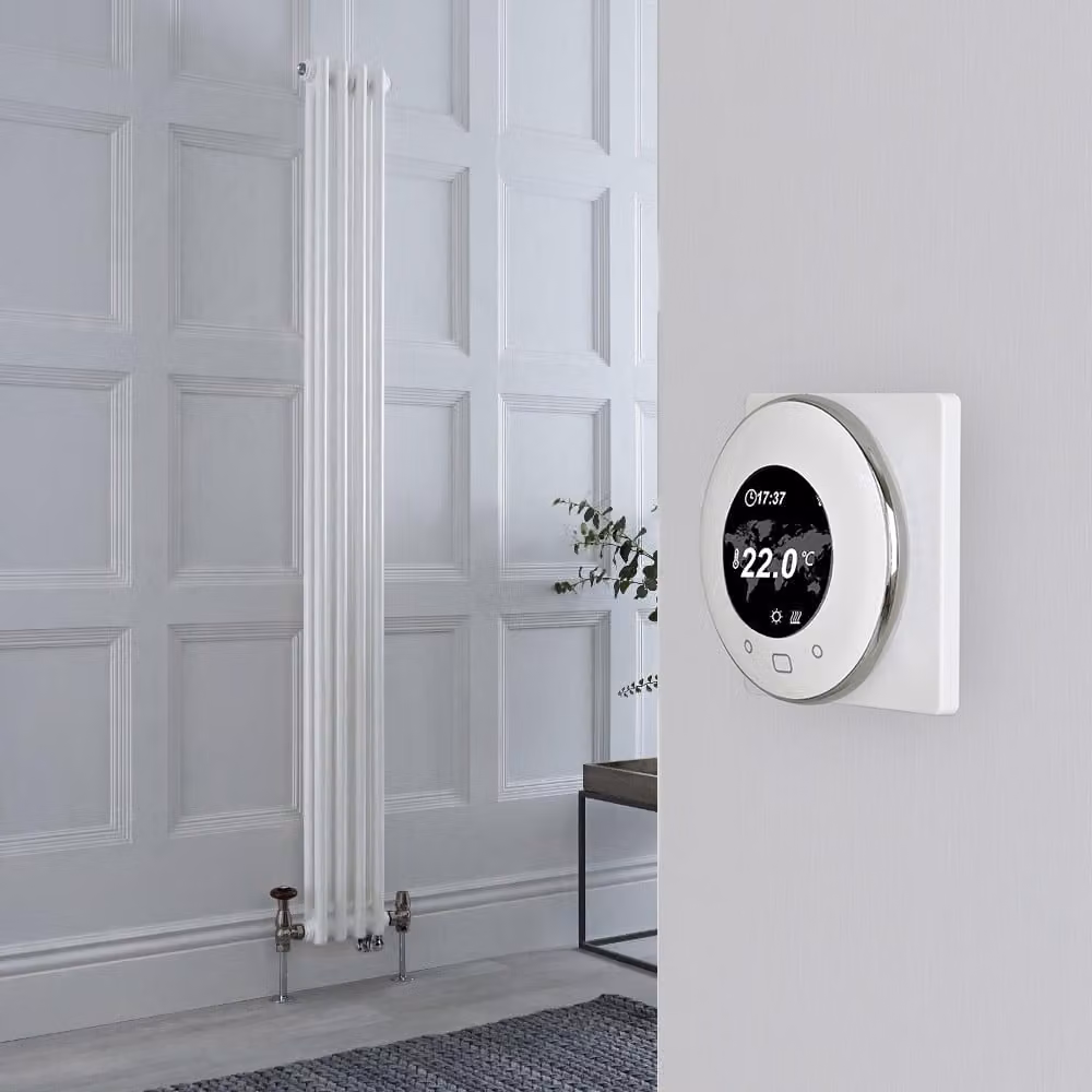 Radiatore Misto Verticale Bianco Doppio con Valvole in Nichel Satinato con Termostato WiFi - 1500mm x 200mm - Regent