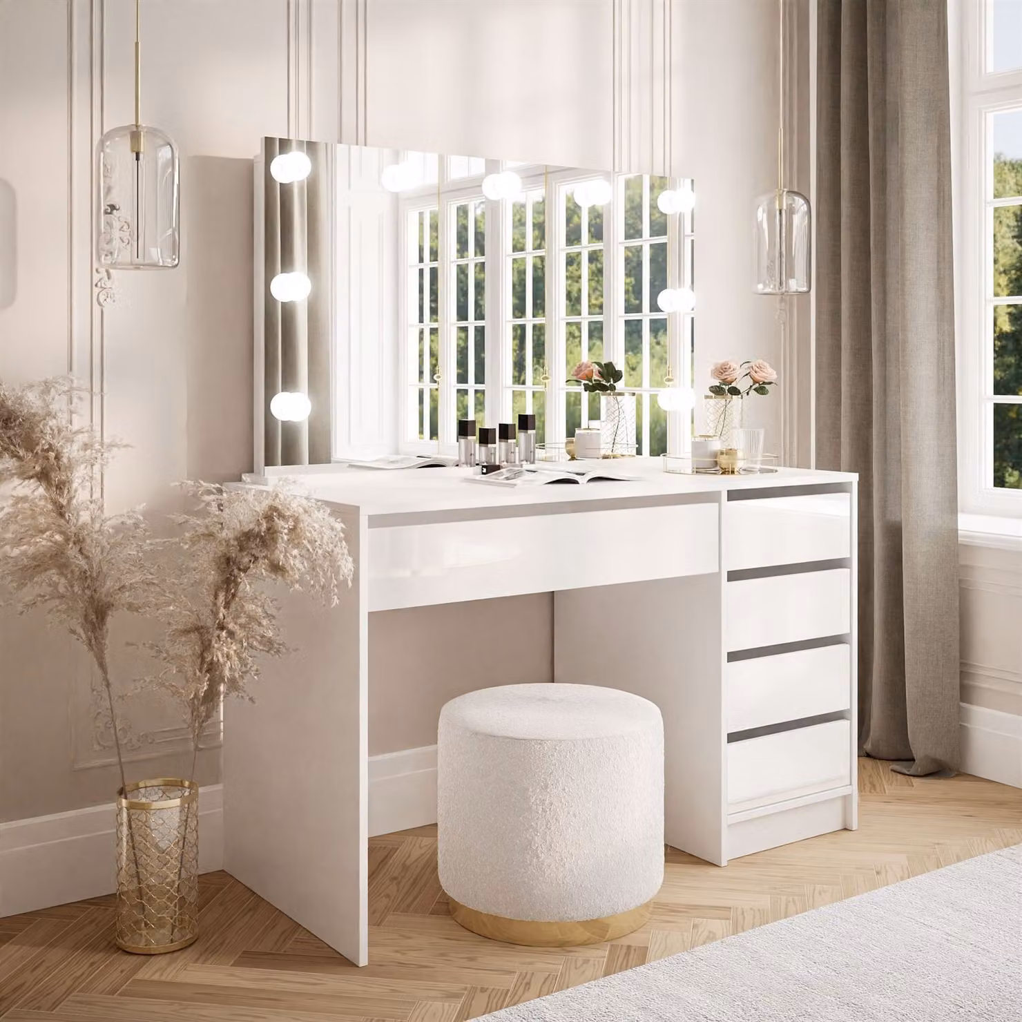 Tavolino MADA ELITE con specchio e illuminazione bianco / bianco lucido