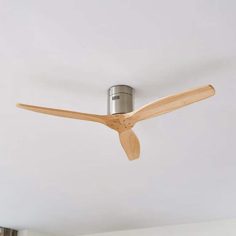 Ventilatore da soffitto Lucande Vindur, nichel, DC, silenzioso Vindur, Legno chiaro, Soggiorno / Sala da pranzo, Legno, Moderno