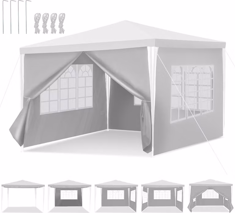 Tenda a padiglione Jayseuw con 3 pareti laterali e finestra con porta a zip 3x3m, bianco