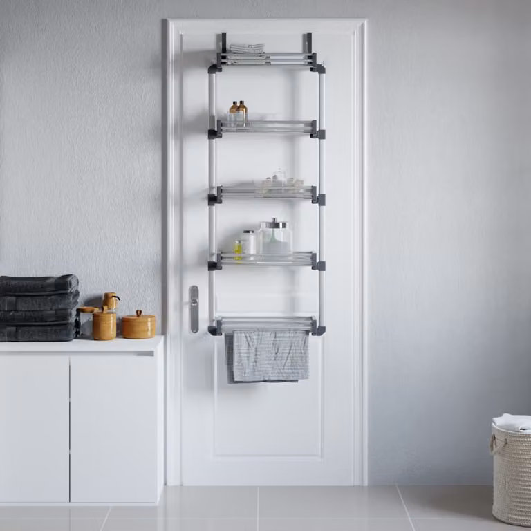 Organizzatore da appendere per porta vidaXL con 5 ripiani in alluminio e plastica, colore argento, L: 52 cm, P: 20 cm, H: 135 cm