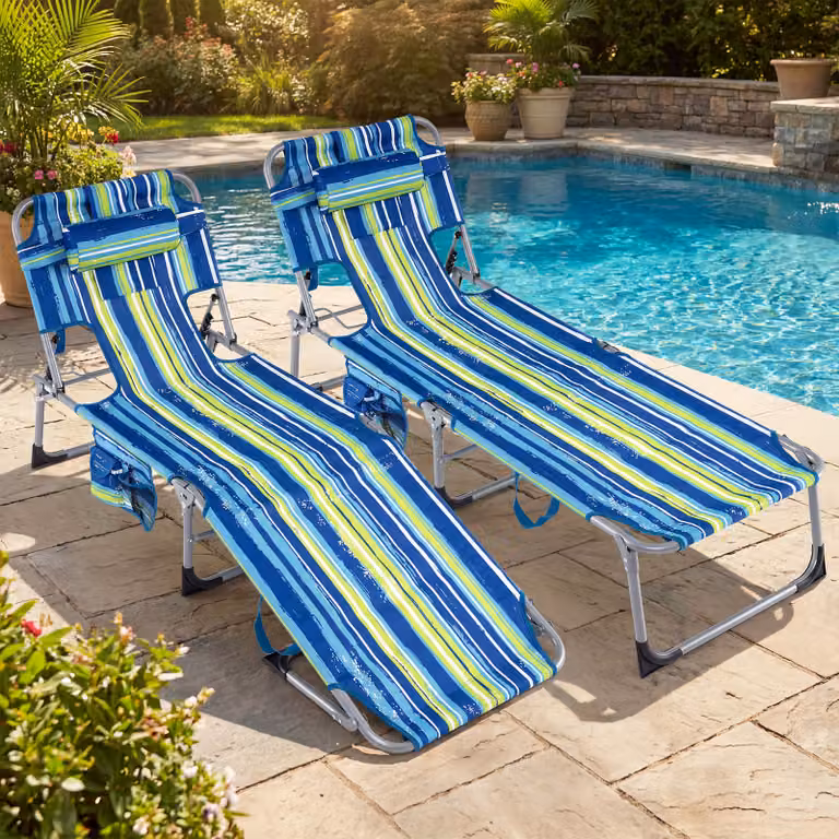 Sdraio da giardino pieghevole Costway con schienale regolabile in 4 posizioni, sedia a sdraio portatile con cuscini e tasche laterali, blu a righe
