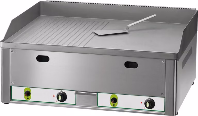Piastra grill a gas KBS da 8 kW, 2 zone di riscaldamento (1/2 liscia + 1/2 rigata), accensione piezoelettrica.