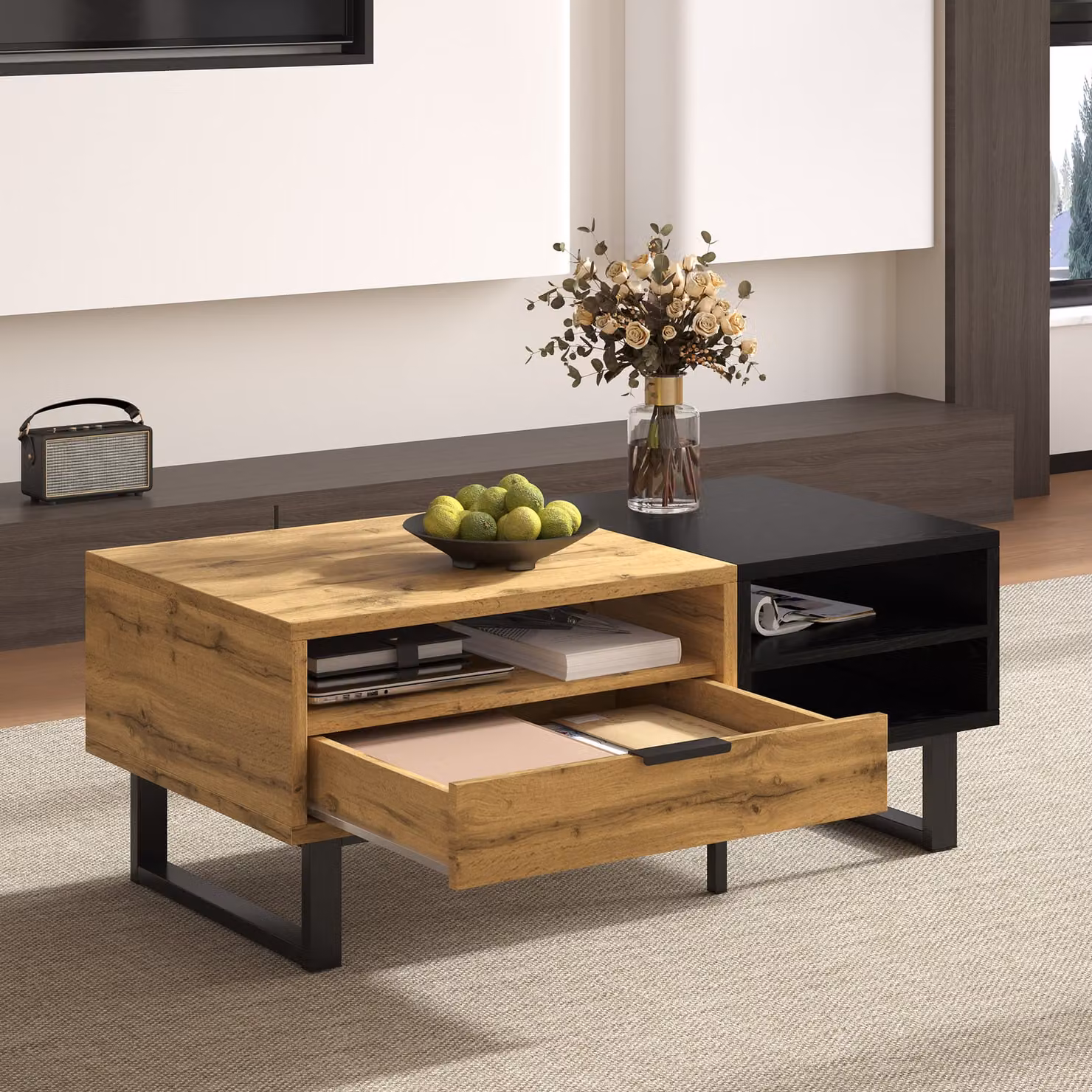 Tavolino Abrihome 100x50x40cm con design a blocchi di colore, scomparti e cassetto, legno e nero