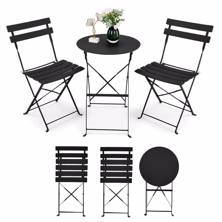 Set da giardino Alightup, composto da un tavolo rotondo a 3 pezzi con 2 sedie, ideale per esterni. Set di mobili da giardino pieghevoli, con sedia e tavolo, colore nero