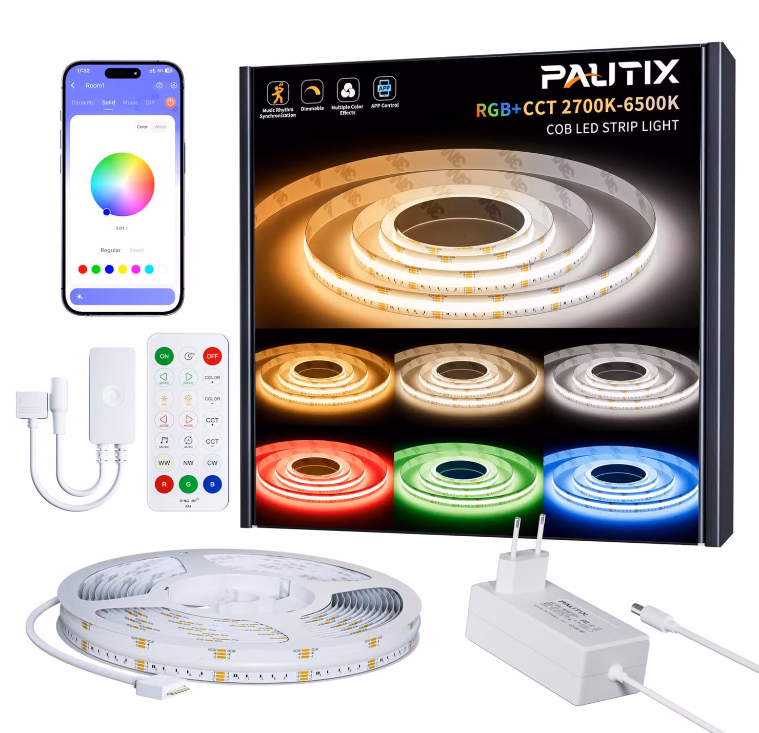 Striscia LED da 5 metri, RGBCCT, tecnologia COB, 24V, dimmerabile, con telecomando e alimentatore