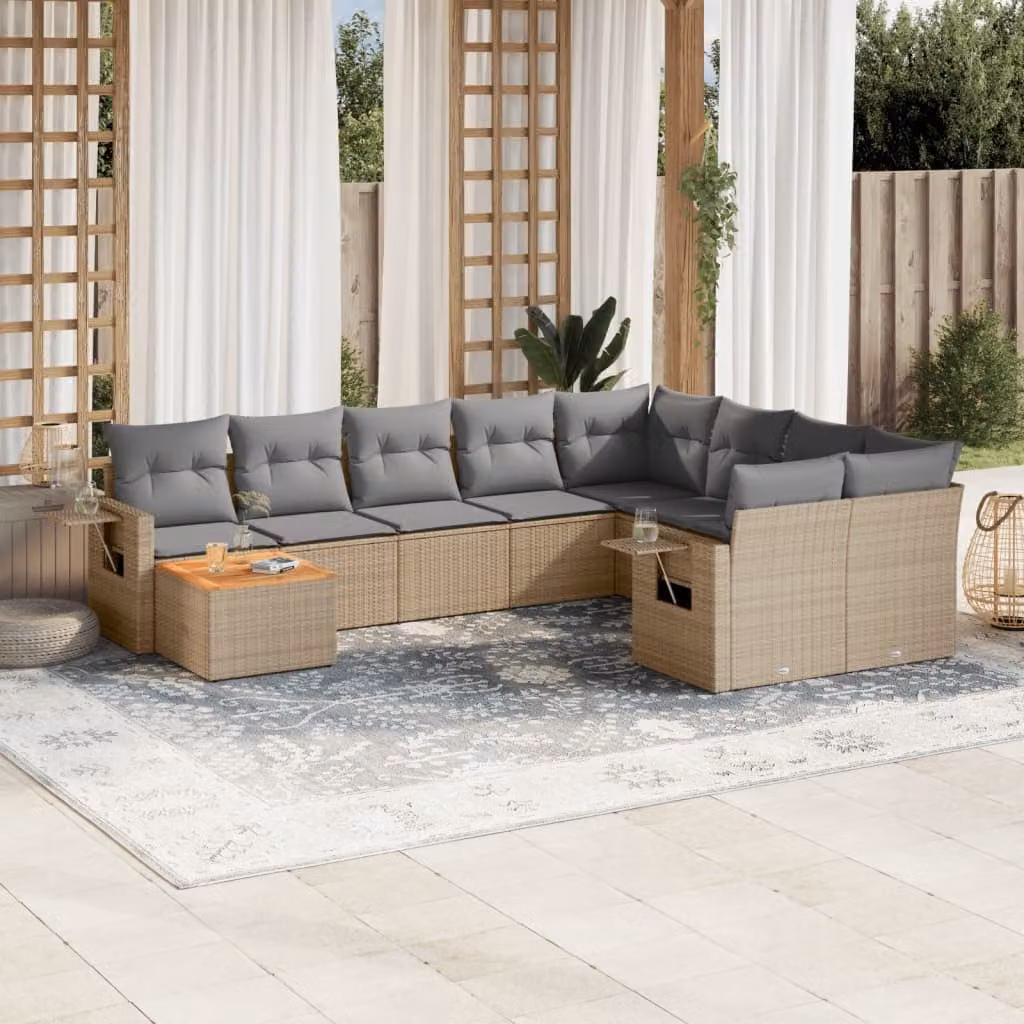 vidaXL Set Divano da Giardino a L 10 pz in Polyrattan con Cuscini Beige e Grigio – 1