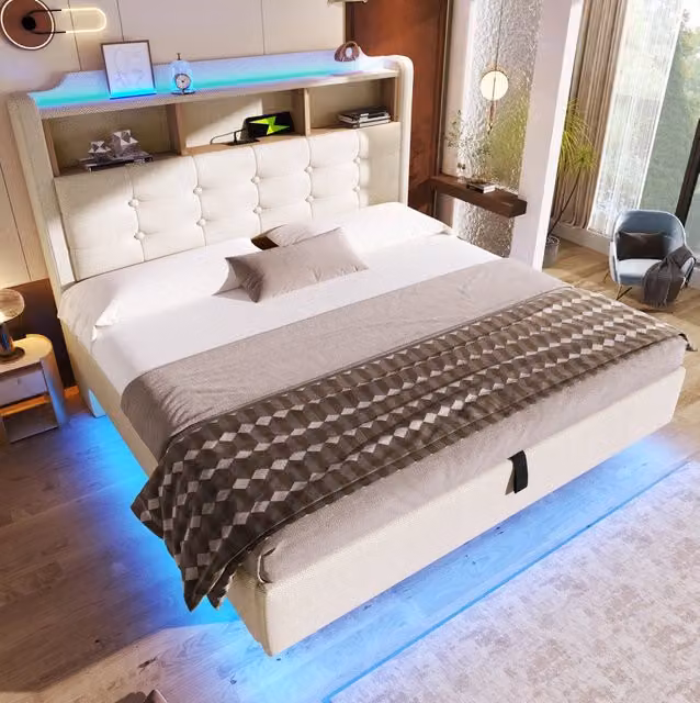 Letto imbottito 140x200 cm; con LED e contenitore idraulico; in lino; beige (Senza materasso)
