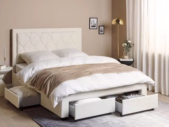 Letto matrimoniale contenitore Glam Design in velluto beige con cassetti e testiera alta trapuntata L/P/H: 160 x 200 x 165 cm