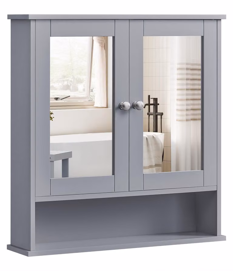 VASAGLE Armadio a specchio, armadio da bagno, armadio a muro, pensile con 2 ante a specchio e ripiano aperto, ripiano regolabile, montaggio a parete, 13 x 56,5 x 58,5 cm, grigio tortora LHC002G02