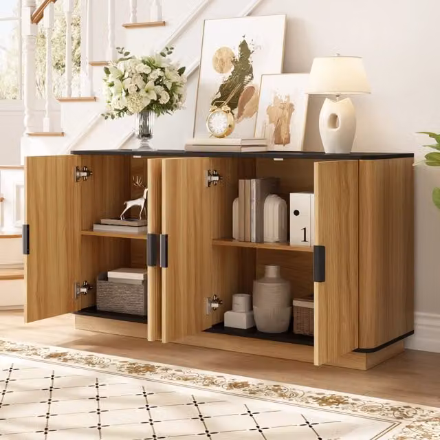 Credenza con 4 ante ondulate e cerniere ammortizzate, per soggiorno, ingresso e sala da pranzo, truciolare naturale
