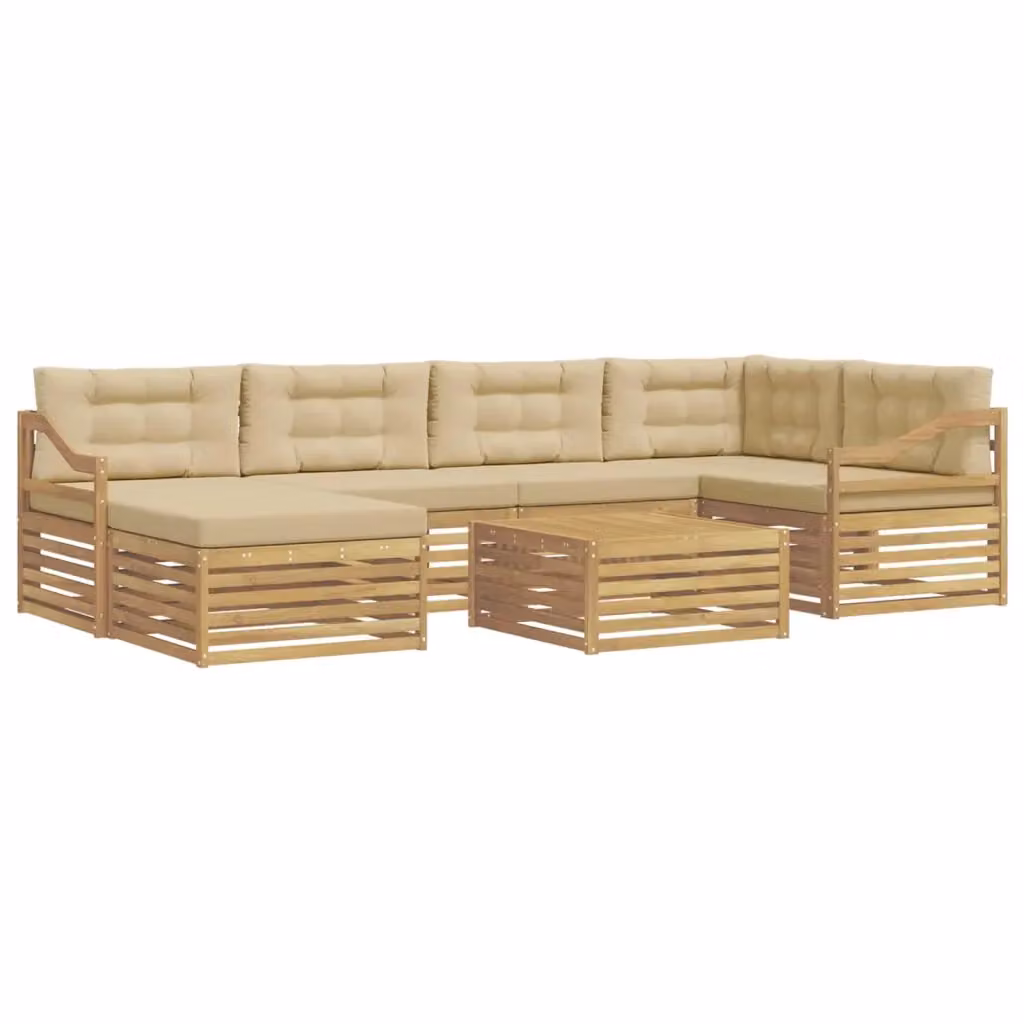 Set di divani da esterno a L vidaXL composto da 7 pezzi in legno di acacia con cuscini in tessuto bianco e beige – 2