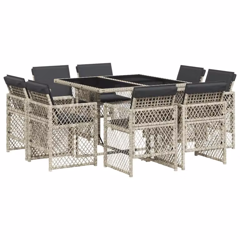 Set Pranzo da Giardino 9pz con Cuscini Grigio Chiaro Polyrattan
