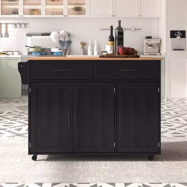Carrello da cucina e sideboard moderno WISHDOR con piano pieghevole, L/P/H: 129 x 71 x 91,5 cm, nero e naturale