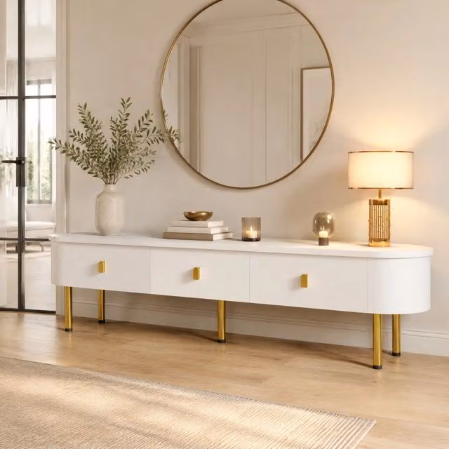 Mobile TV con 3 cassetti 174x35x41 cm in MDF bianco con maniglie e gambe oro