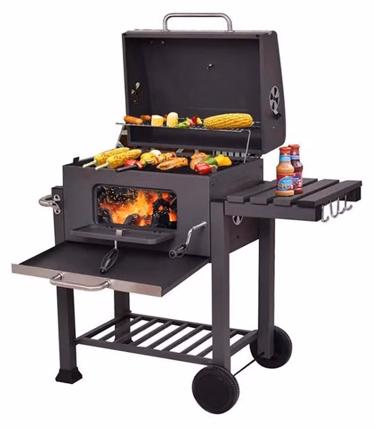 Barbecue a carbone - Carrello per barbecue - 2 griglie - Contenitore per il carbone regolabile - Ripiani con ganci - Barbecue da esterno mobile su ruote - Colore: nero