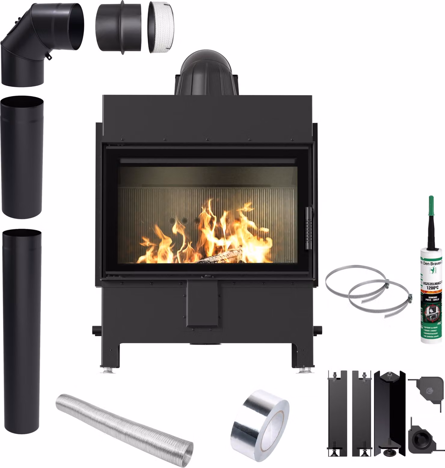 KRATKI LUCY 14 kW Ø200 ECO BLACK Inserto d'aria Set di installazione per caminetto Chiusura