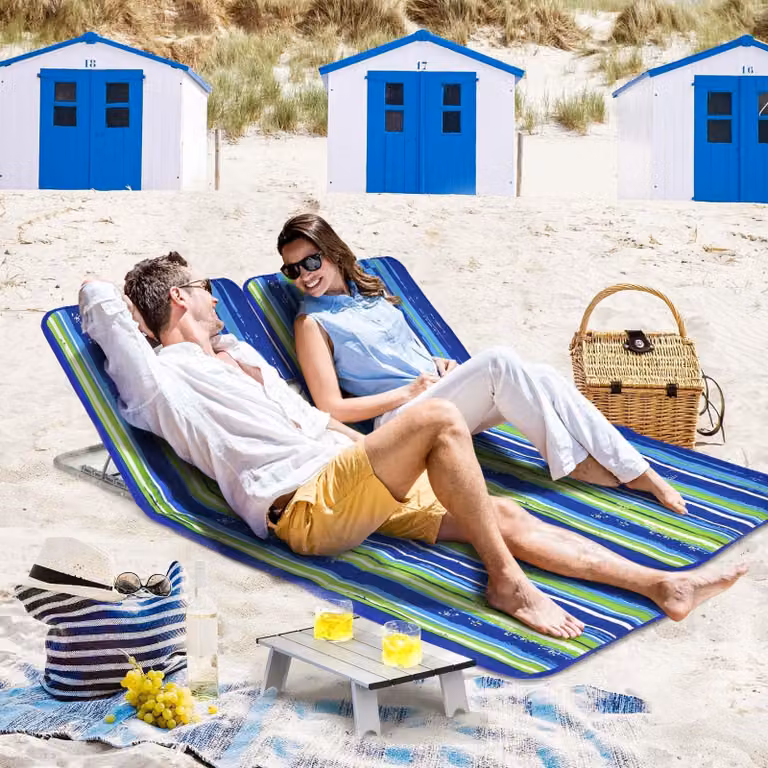 Telo da spiaggia con schienale regolabile, set da 2, con tasca portaoggetti e cuscino poggiatesta, incluso