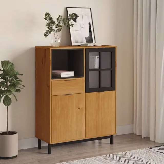 Credenza moderna vidaXL in legno di pino marrone con anta in vetro L 92 cm, P 40 cm, H 122,5 cm – 1