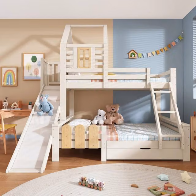 Letto a castello 90x200 e 140x200 cm con scivolo; cassetto e casetta bianco e legno per bambini