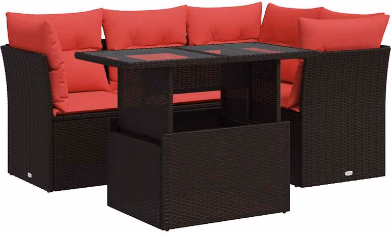 Set Divano da Giardino 5 pz Cuscini Marrone Polyrattan e Acacia