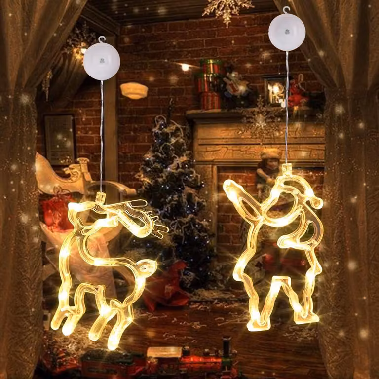 Decorazioni natalizie a LED per finestre, raffiguranti Babbo Natale e un alce, luce bianco caldo, set da 2