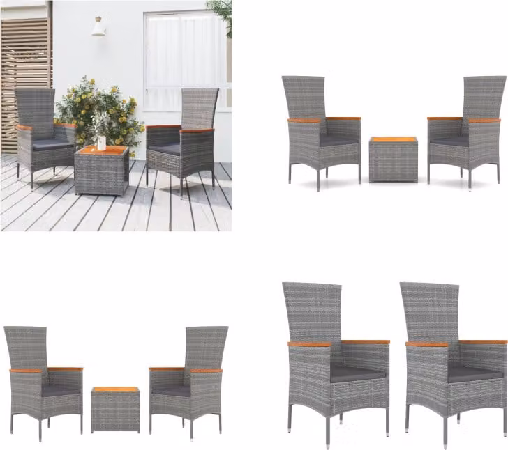 vidaXL Set salotto da giardino 3 pezzi in poly rattan grigio e legno massiccio di acacia - Set salotto da giardino - Set salotto da giardino - Set mobili da giardino