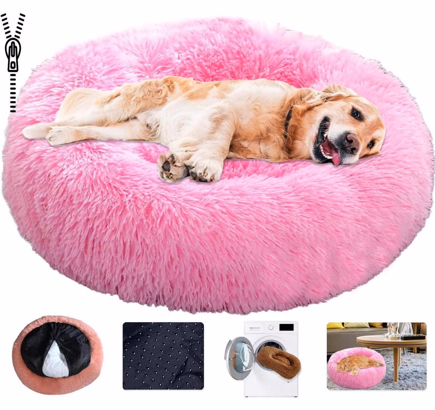 Cuccia per cani, forma a ciambella, morbida, in peluche, lavabile, rosa, 40 cm