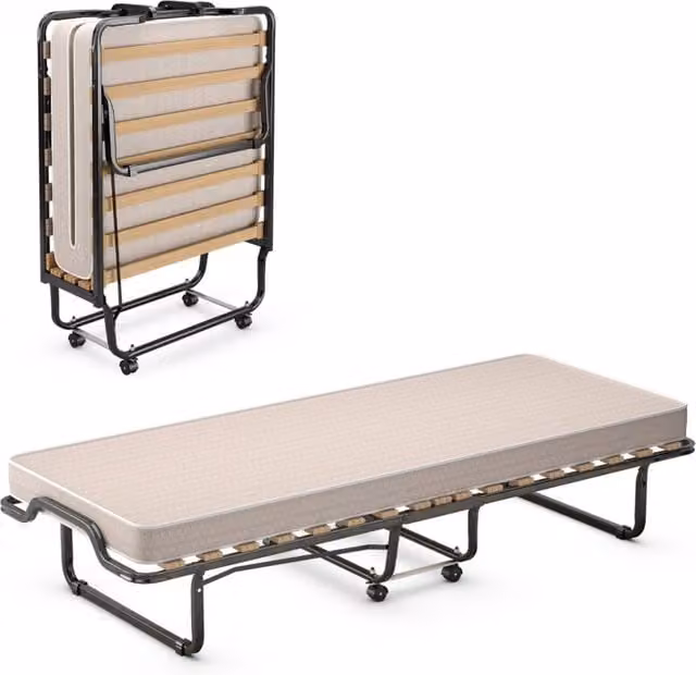 Lettino pieghevole con materasso in memory foam e capacit¨¤ di 120 kg, Letto con struttura metallica e ruote Beige