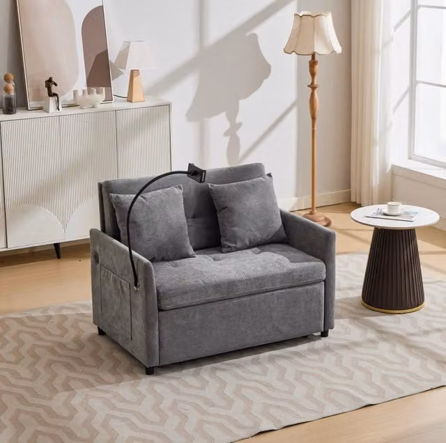 Divano letto 1 posto 109x72x83,5 cm grigio con USB e supporto tablet, tessuto in poliestere