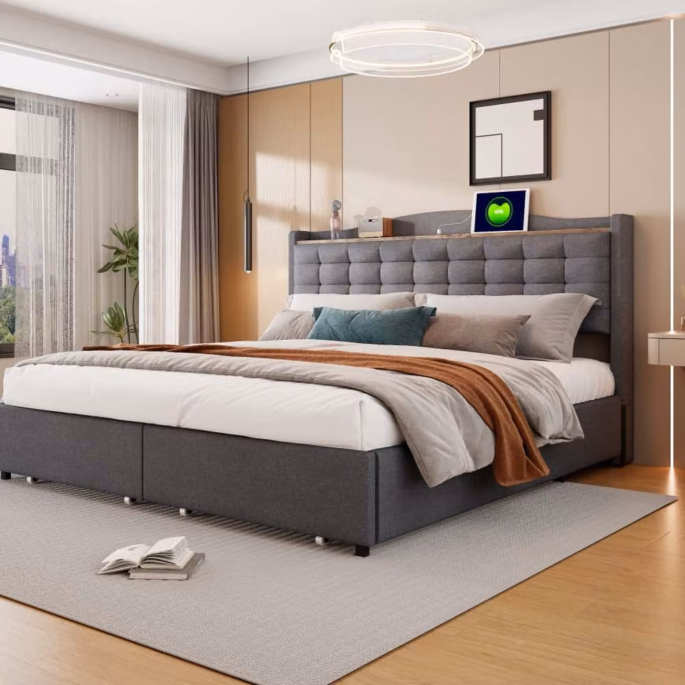 Letto imbottito AIORBER, 160x200 cm, tessuto di lino, con ripiani, ampio spazio di archiviazione, struttura in metallo, con porta di ricarica USB, 4 cassetti, letto matrimoniale, grigio