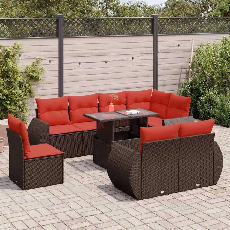 Set Divani da Giardino vidaXL 9 Pezzi in Polyrattan Marrone con Cuscini e Tavolino da Esterno
