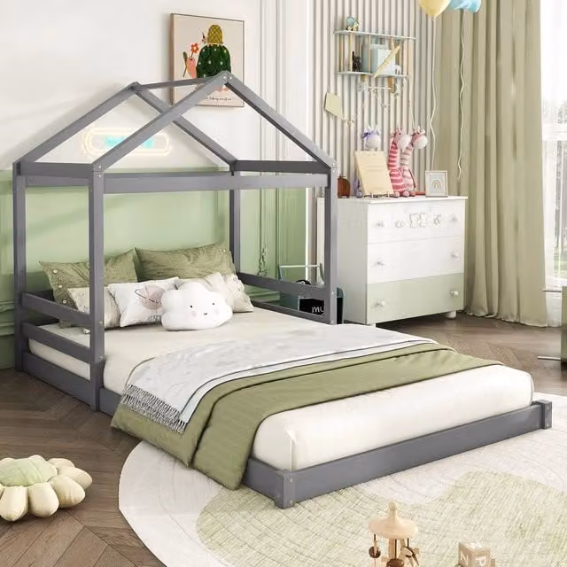 Letto Casetta per Bambini MINIMAL in Legno di Pino Grigio con Rete a Doghe L/P/H: 200 x 140 x 160 cm