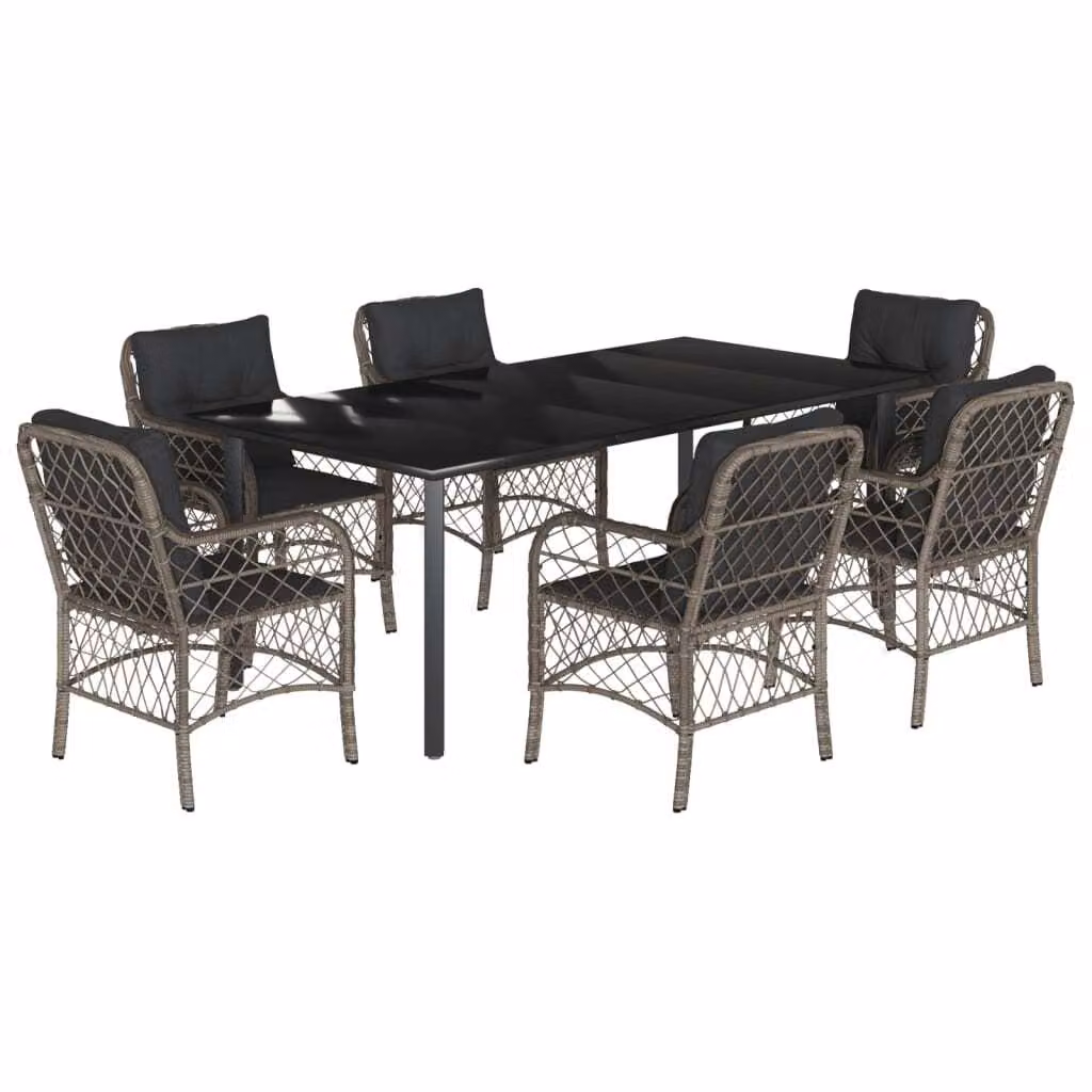 Set da Pranzo da Giardino 7 pz con Cuscini in Polyrattan Grigio