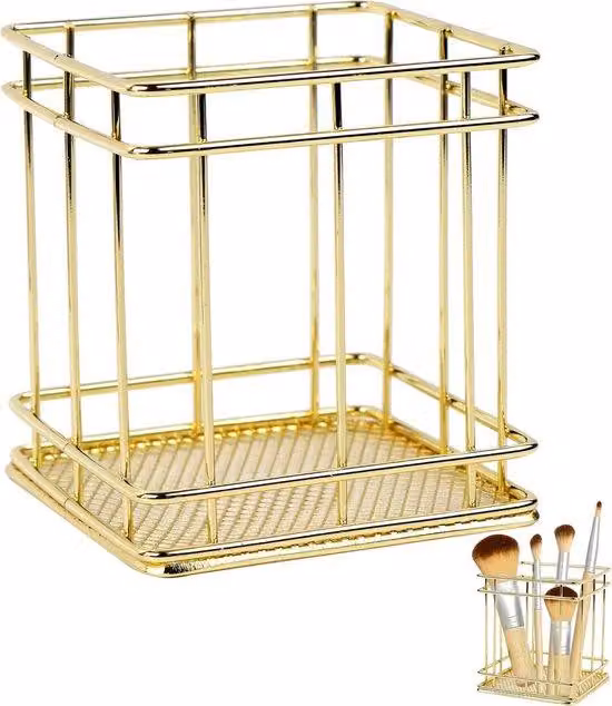 Portapennelli da trucco, elegante contenitore da scrivania, dorato, per trucchi e penne