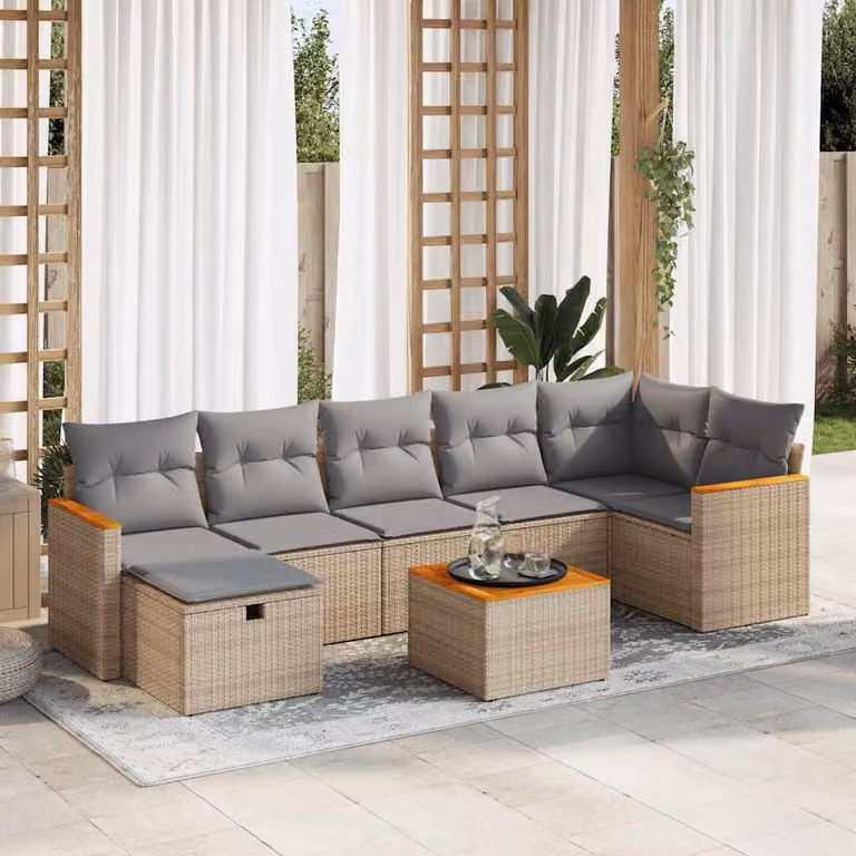 Set Divano da Giardino a L vidaXL in Polyrattan 8 pz con Cuscini Beige e Tavolino